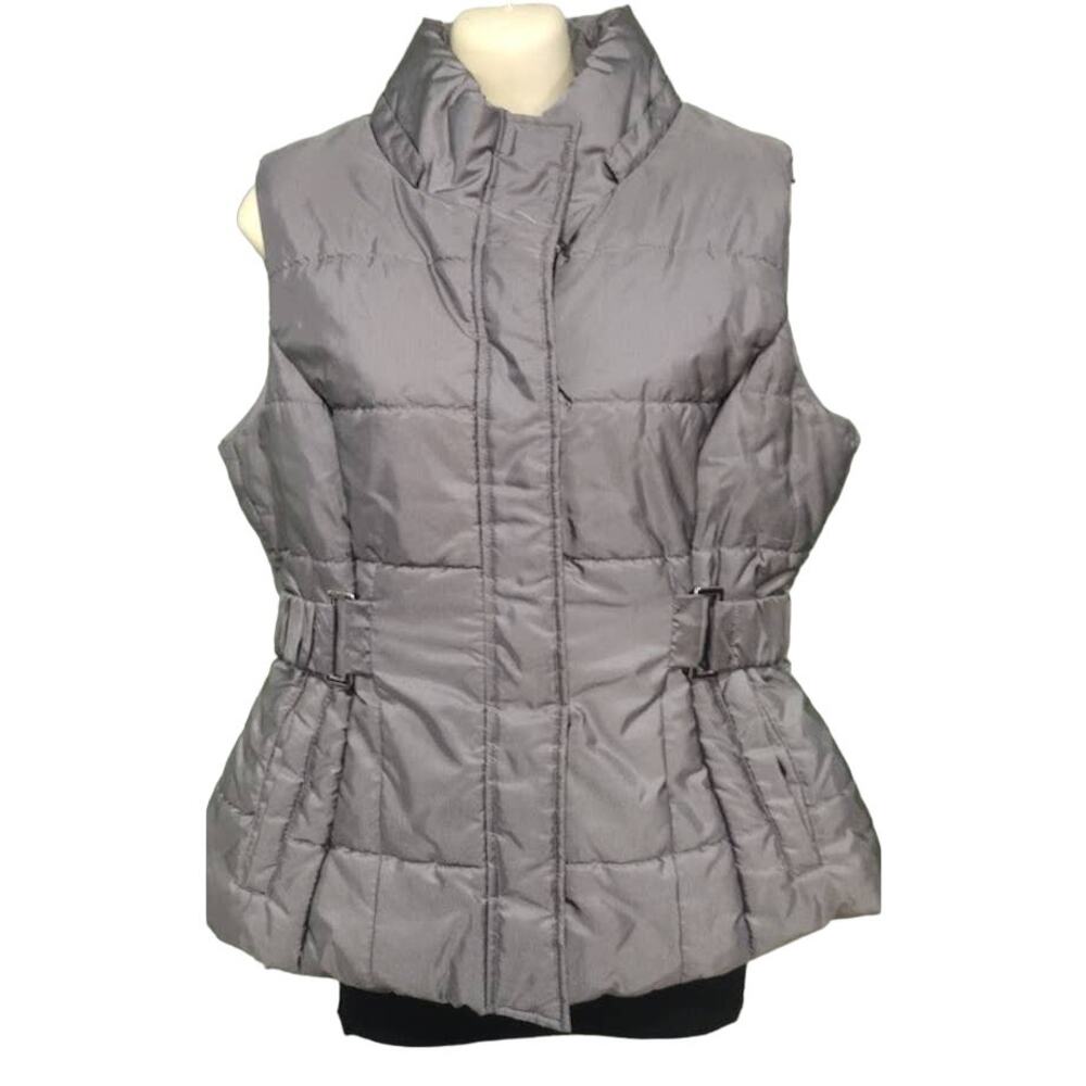 New York & Company Zip & Snap Up Puffer Vest with Waist Detail Gray Size S